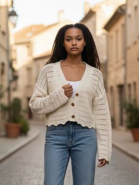 Pink Rose Cream Crochet Button-Front Cardigan